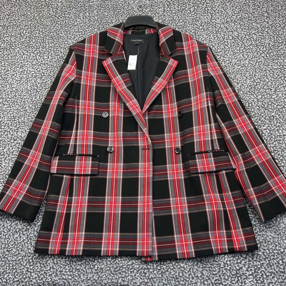 Ann Taylor Blazer Jacket Women 12 Red Black Plaid Double Breasted‎ New